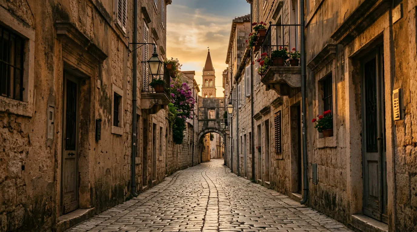 Calle de piedra blanca del casco histórico de Trogir al atardecer