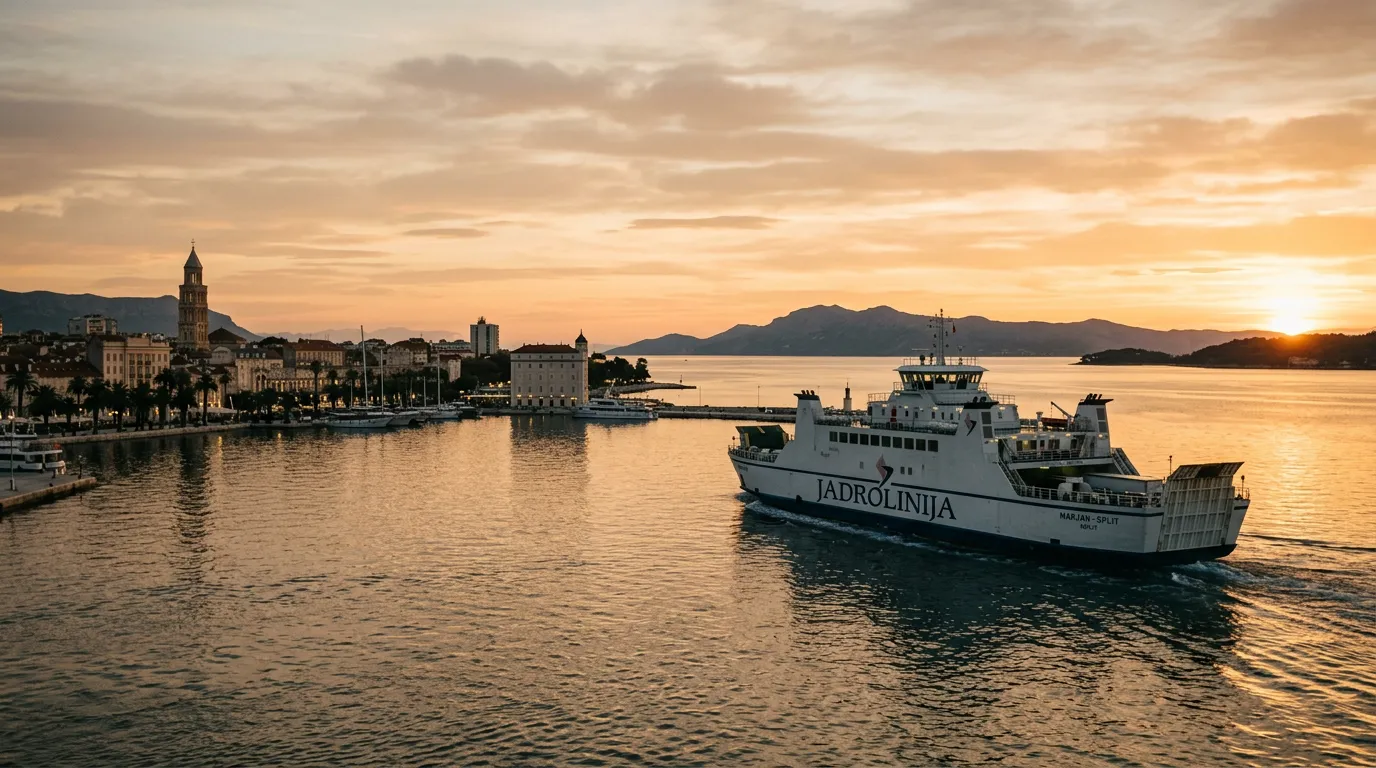 Ferry de Jadrolinija saliendo del puerto de Split rumbo a Brač al amanecer