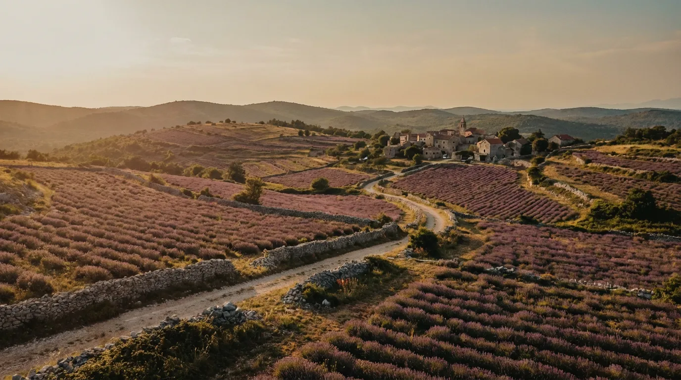 Campos de lavanda en flor en el interior de la isla de Hvar