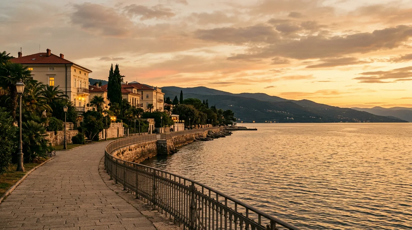 Paseo marítimo de Opatija con el Kvarner al fondo al atardecer