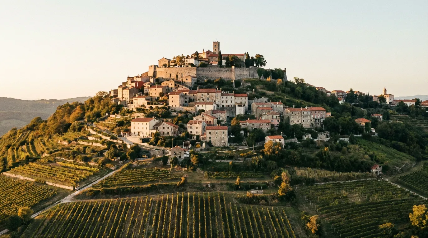 Pueblo medieval de Motovun encima de una colina rodeado de viñedos