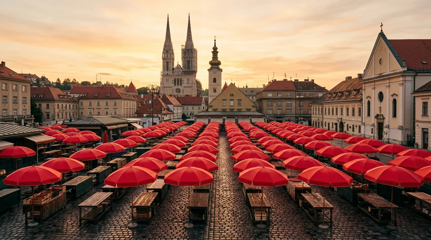 Mercado de Dolac en Zagreb al amanecer con los paraguas rojos característicos
