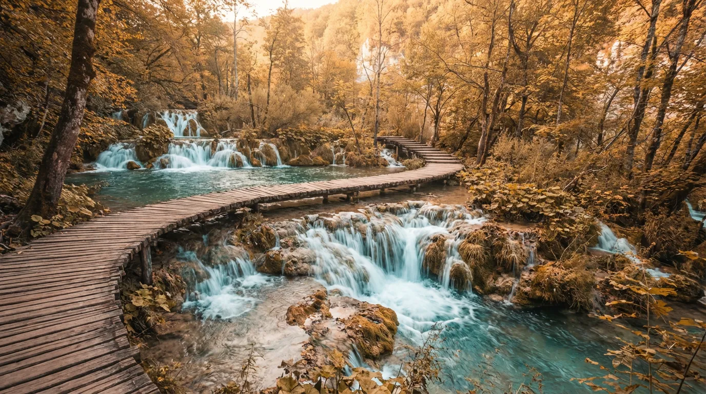 Cascadas y pasarelas de madera del parque nacional de Plitvice entre el bosque