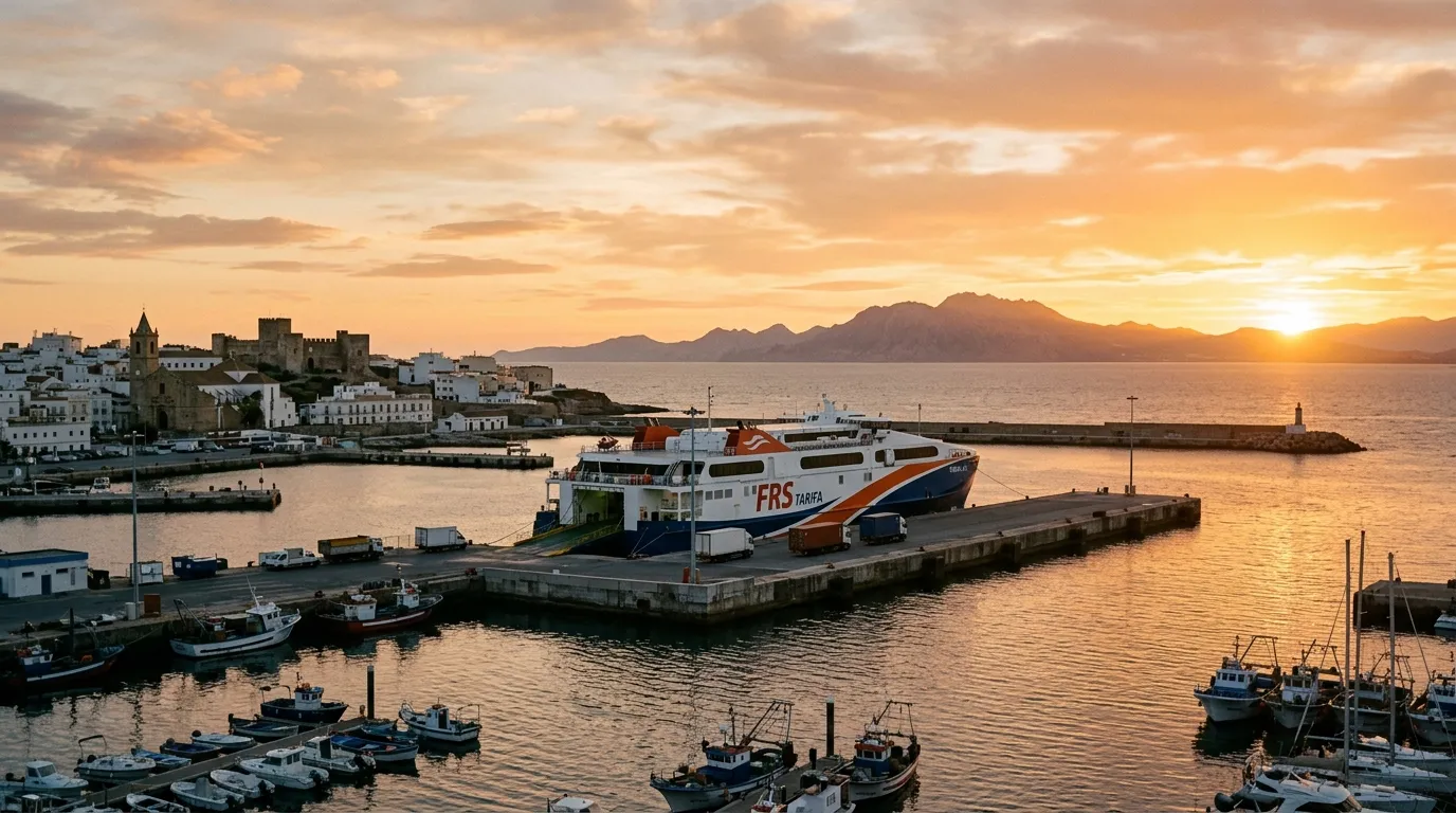 Puerto de Tarifa al atardecer con el ferry a Tánger en el muelle