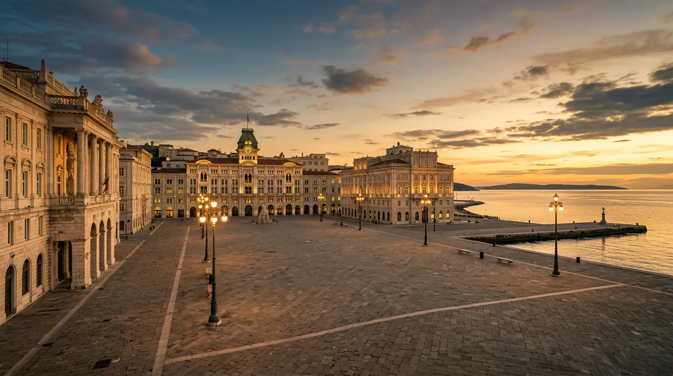 Piazza Unità d'Italia de Trieste al atardecer con el mar al fondo