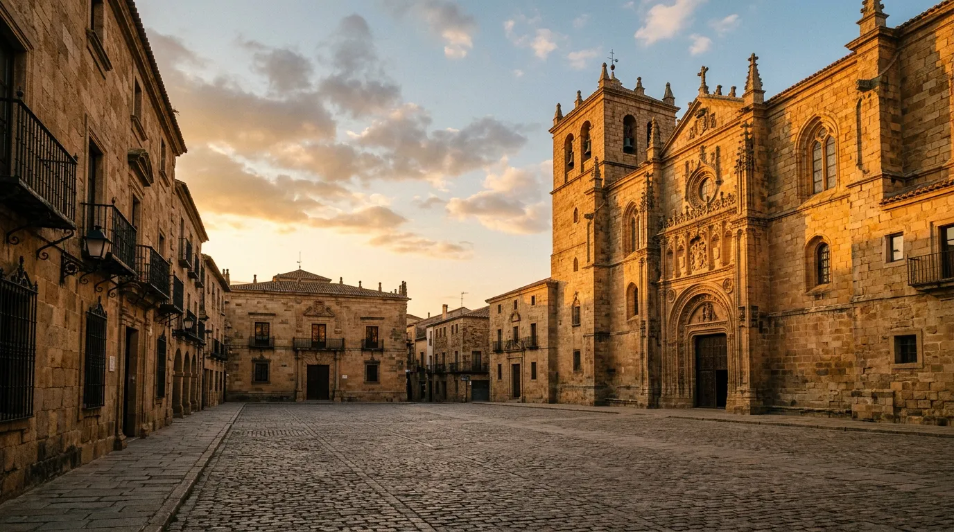 Plaza de Santa María de Cáceres al atardecer con fachadas de piedra dorada