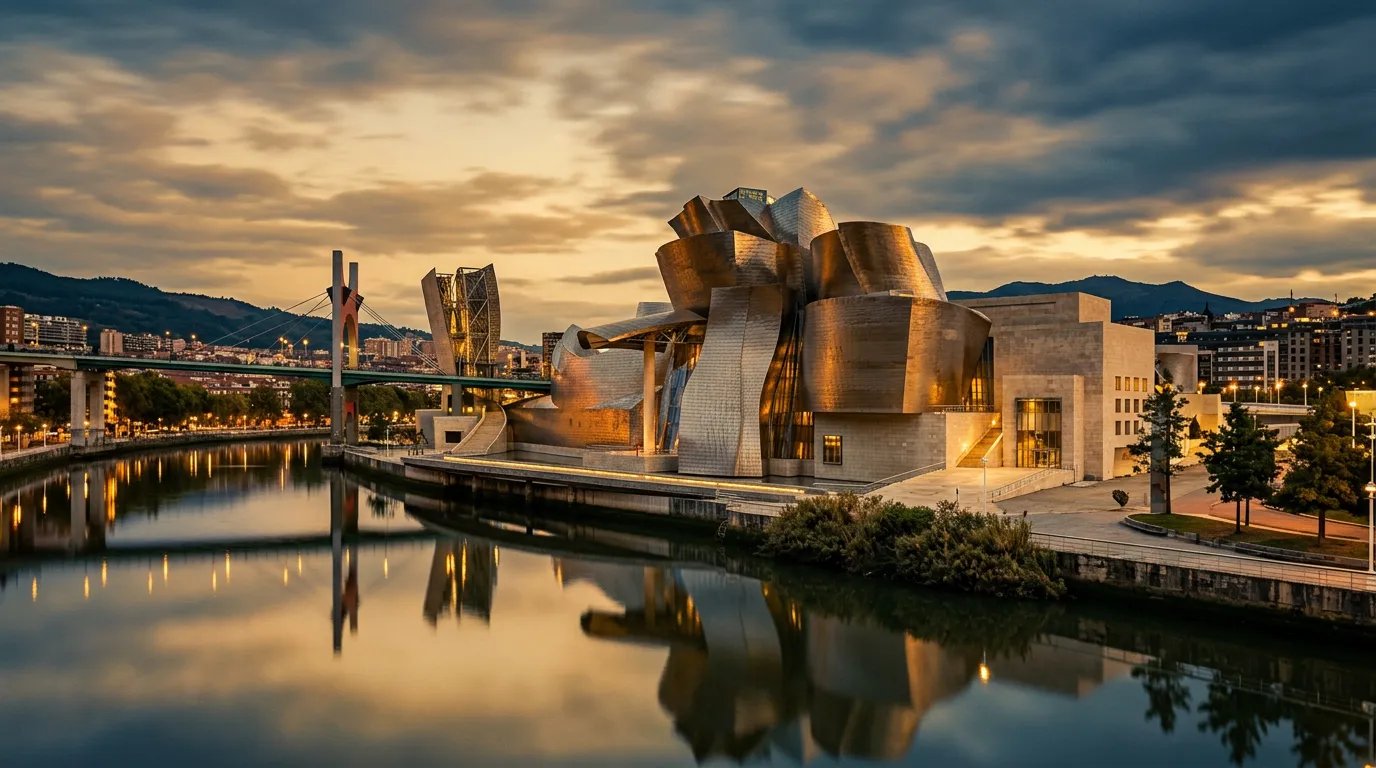 Guggenheim Bilbao al atardecer con el río Nervión en primer plano y las titanio brillando en rosa
