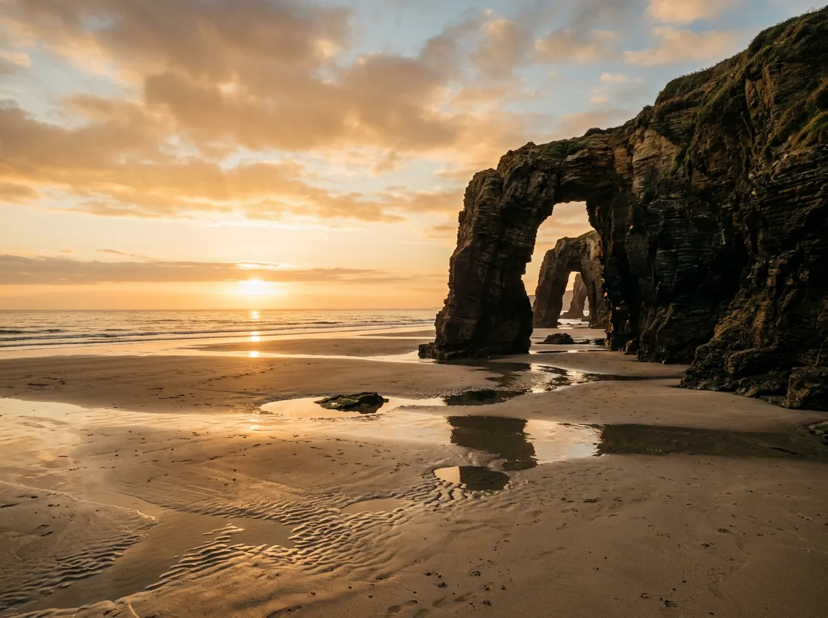 Playa de las Catedrales en Ribadeo con los arcos de roca emergiendo de la arena durante la marea baja