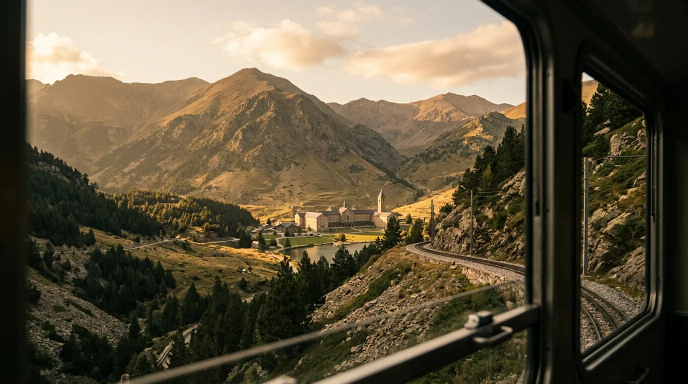 Santuario de Núria visto desde el tren cremallera con las montañas de los Pirineos catalanes alrededor