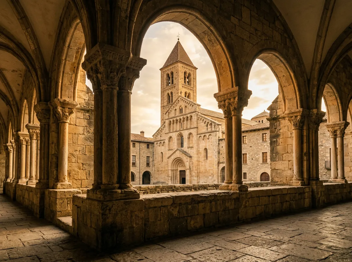 Campanario románico de la catedral de La Seu d'Urgell con las montañas del Cadí al fondo