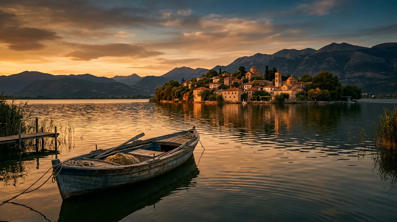 Lago Pamvotida al atardecer con la isla de Ioánina y barca de pescadores al frente