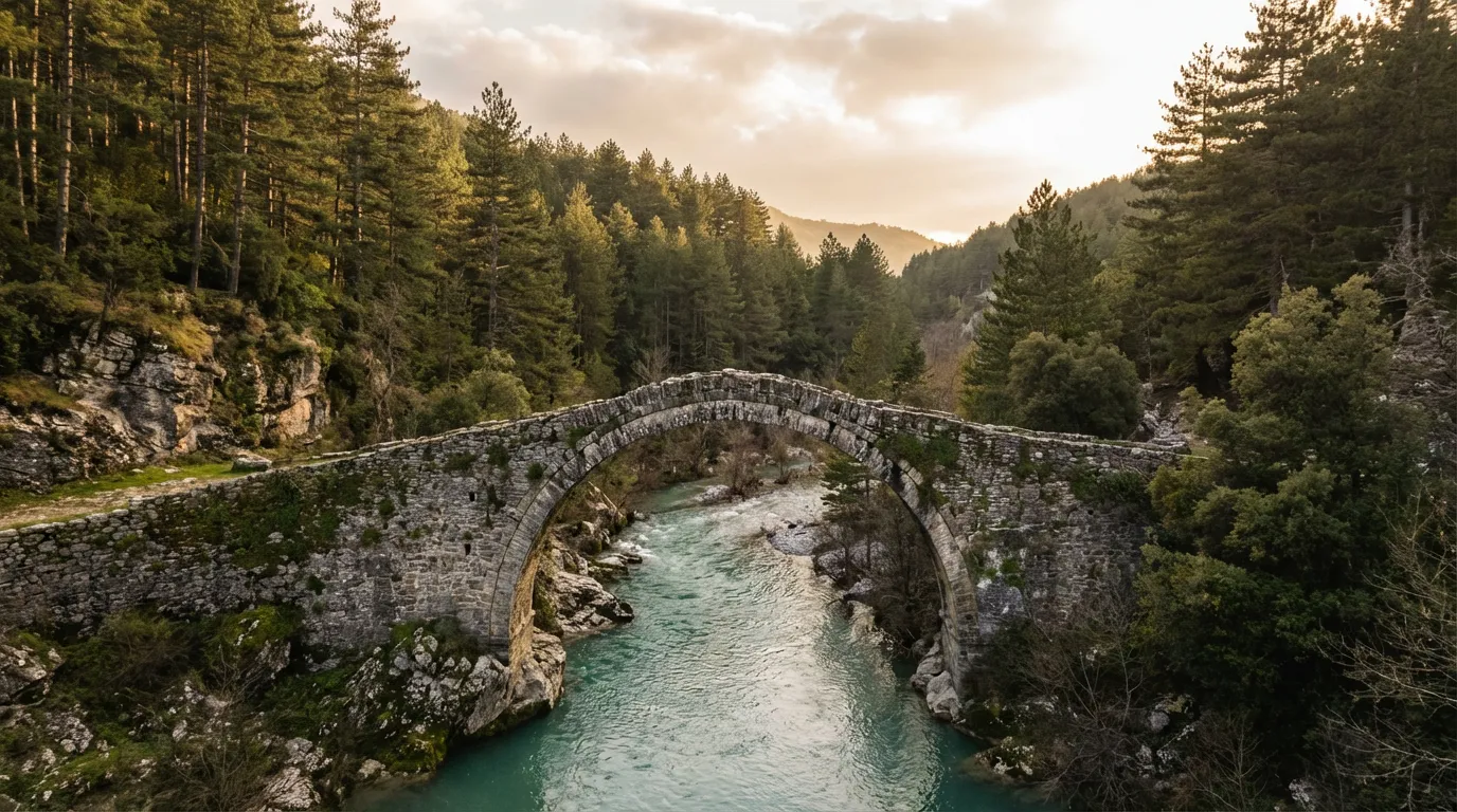Puente de arco de piedra del siglo XVIII en Zagoria sobre río con pinares al fondo