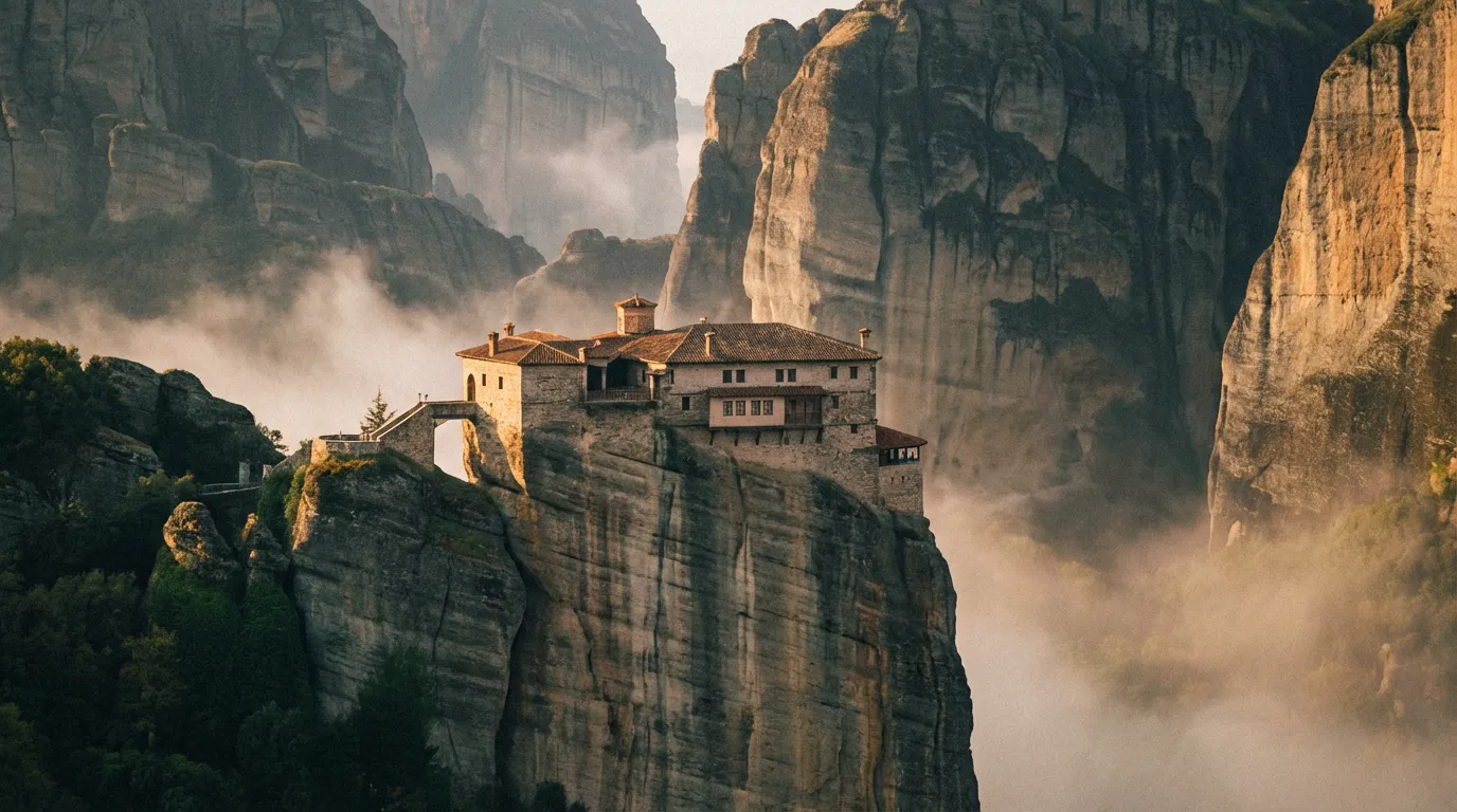 Monasterio de Varlaam en Meteora al amanecer, sobre pilar de roca con niebla al fondo
