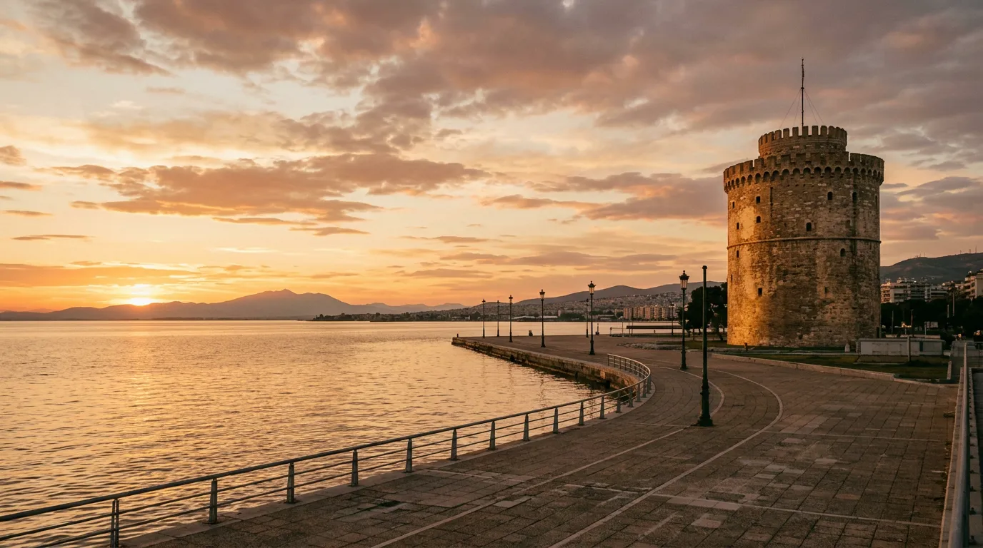 Paseo marítimo de Tesalónica al atardecer con la Torre Blanca y el golfo Termaico