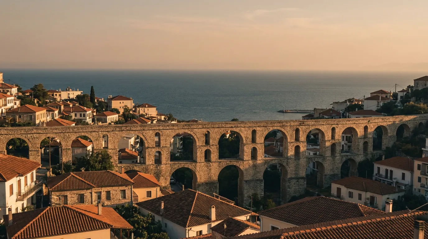 Acueducto otomano Kamares de Kavala sobre el casco viejo y el mar Egeo al fondo