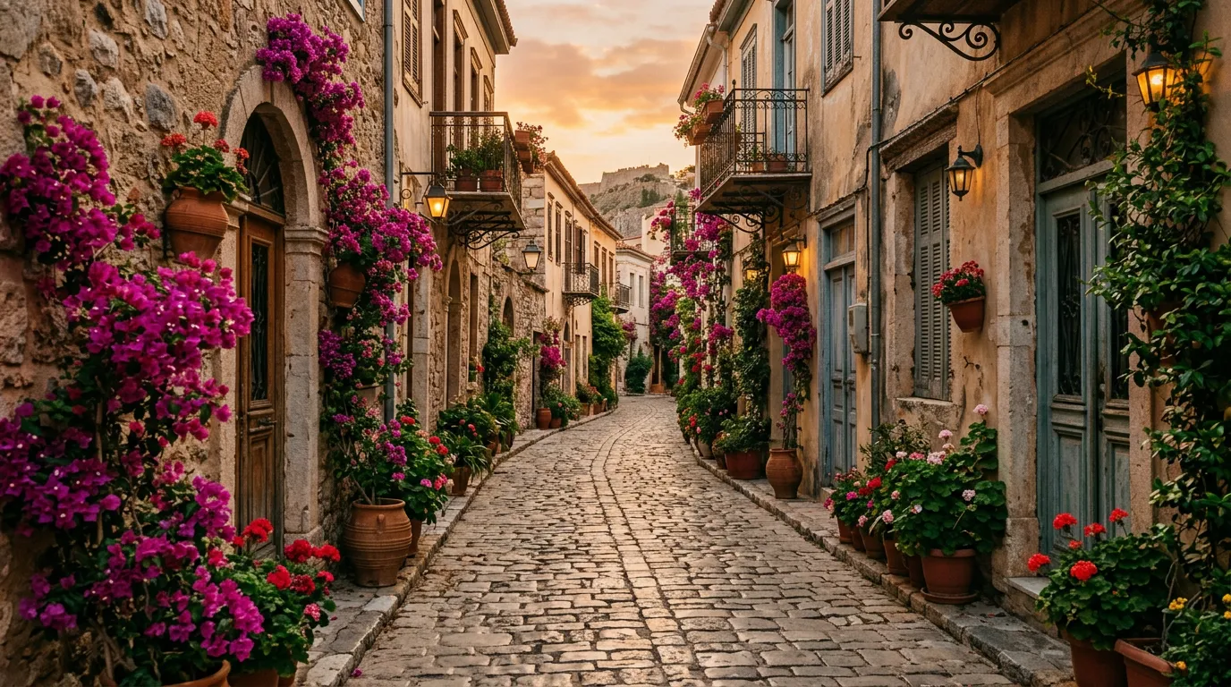 Callejón empedrado del casco antiguo de Nafplio al atardecer, con tiestos de buganvilla