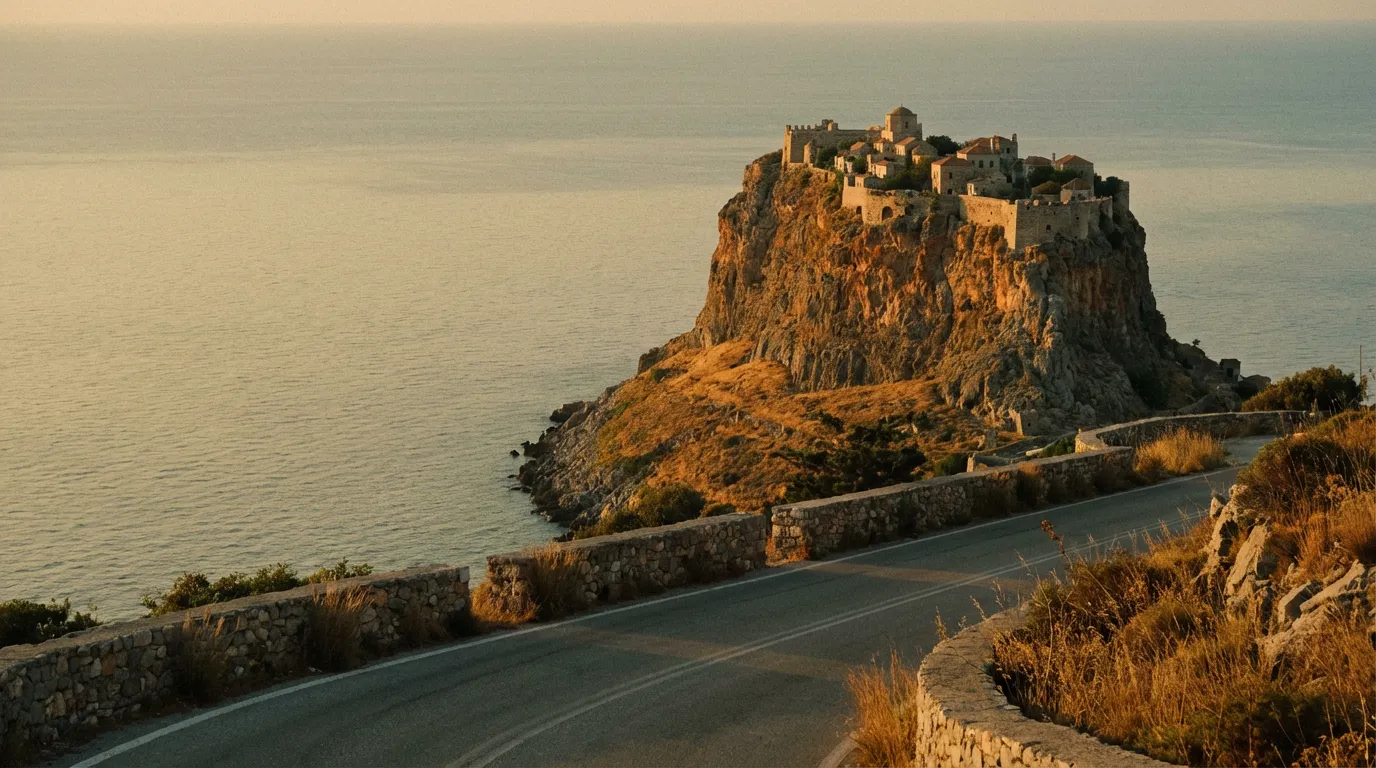 Vista lateral de la roca de Monemvasía al atardecer desde la carretera de acceso