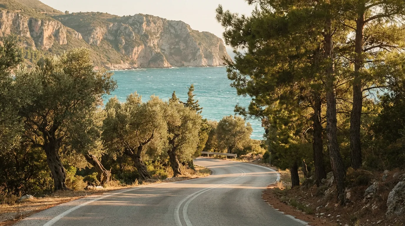 Carretera costera de Mani con el mar Jónico al fondo, pinos y olivos a los lados