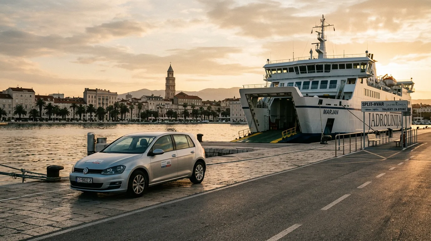 Coche de alquiler en el puerto de Split frente a un ferry a las islas