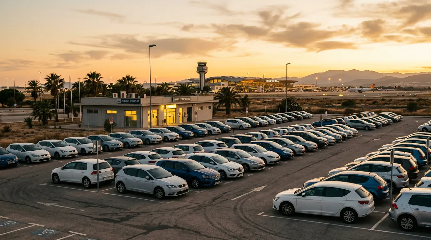 Aparcamiento de una oficina de alquiler de coches en un aeropuerto español al atardecer