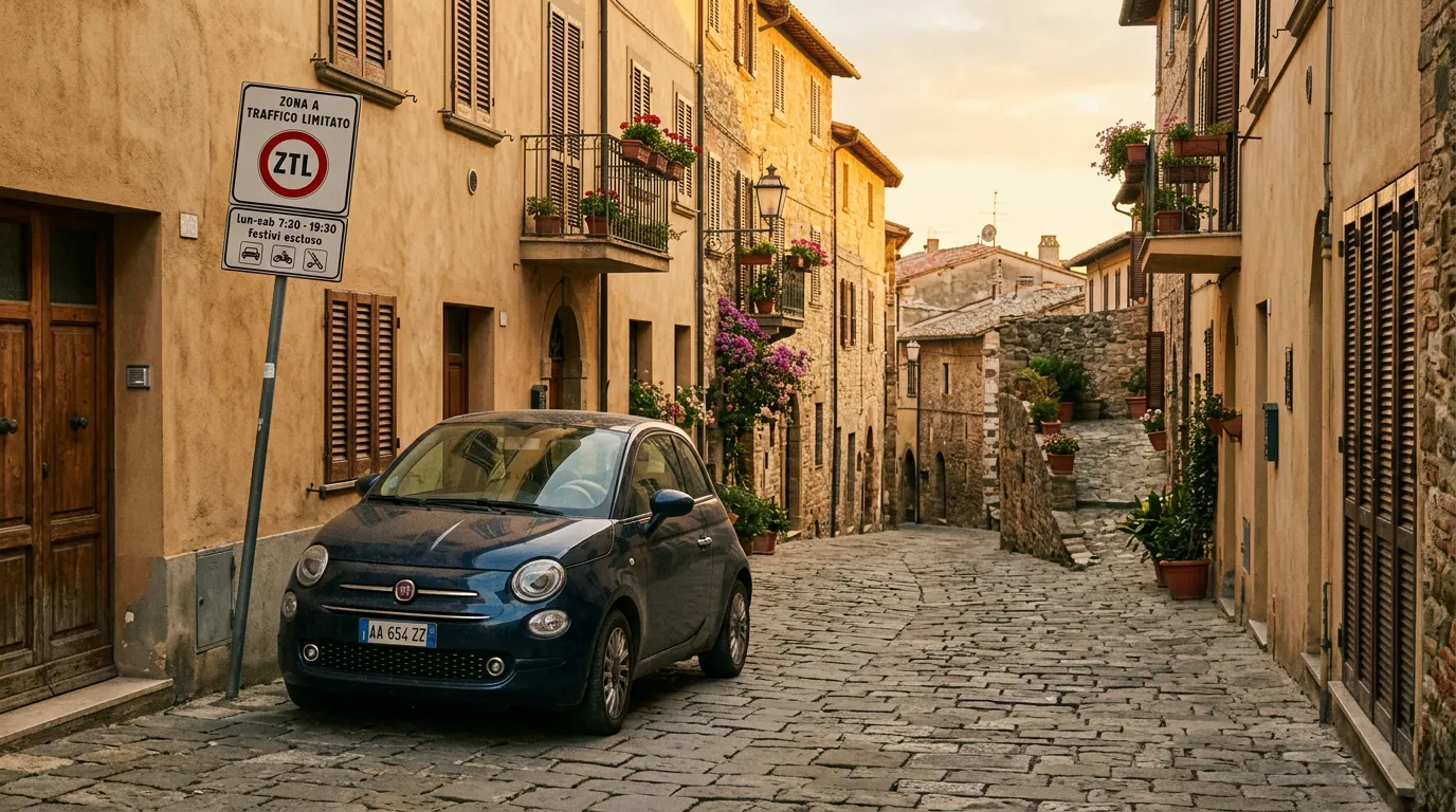 Coche de alquiler frente a una calle italiana con señal ZTL