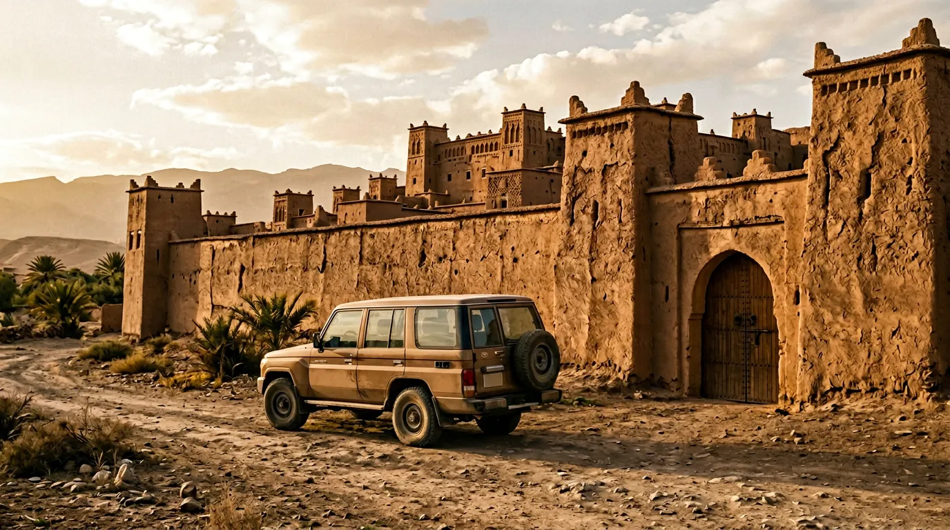 Coche de alquiler aparcado frente a una muralla de adobe en Marruecos