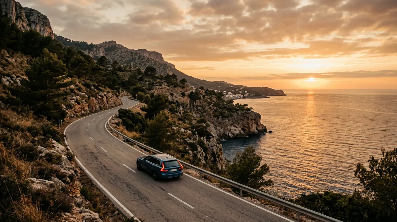 Carretera costera del Mediterráneo al atardecer con un coche alejándose