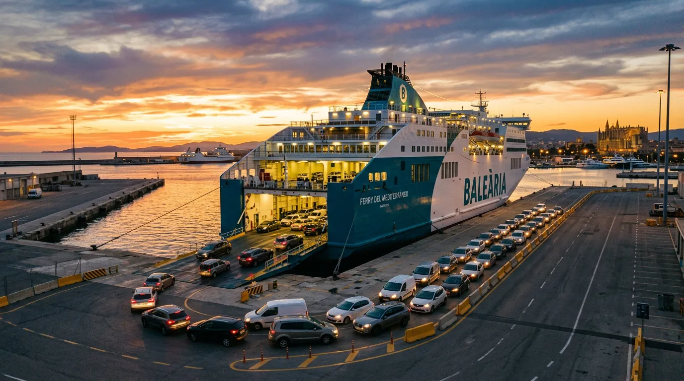 Ferry del Mediterráneo cargando coches en el puerto al atardecer