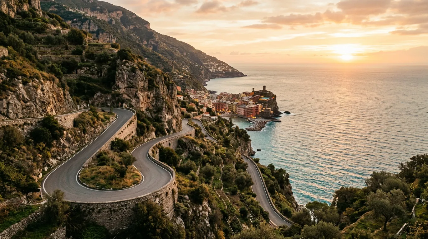 Carretera SS163 de la costa amalfitana al atardecer con el mar al fondo y serpentines tallados en la roca