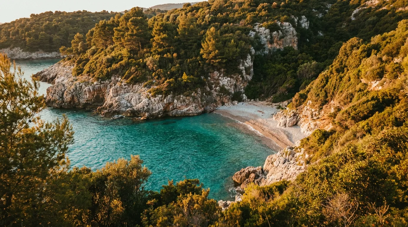 Cala escondida de Cilento con aguas turquesas rodeada de acantilados cubiertos de vegetación mediterránea