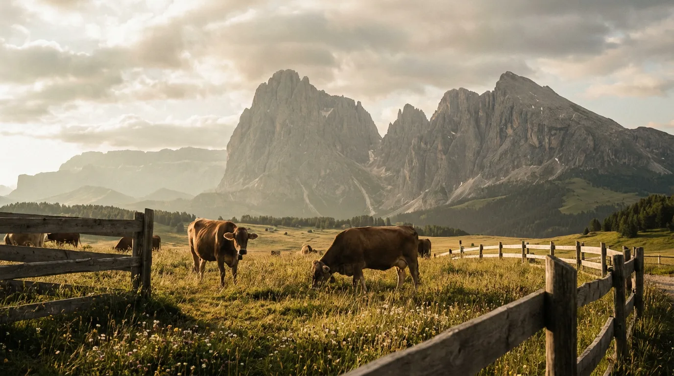 Meseta alpina de Alpe di Siusi con vacas pastando y las paredes rocosas del Sassolungo al fondo