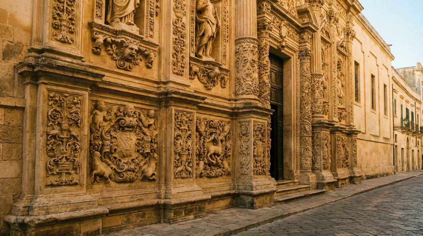 Fachada barroca de la Basílica de Santa Croce en Lecce con tallado detallado en piedra caliza dorada