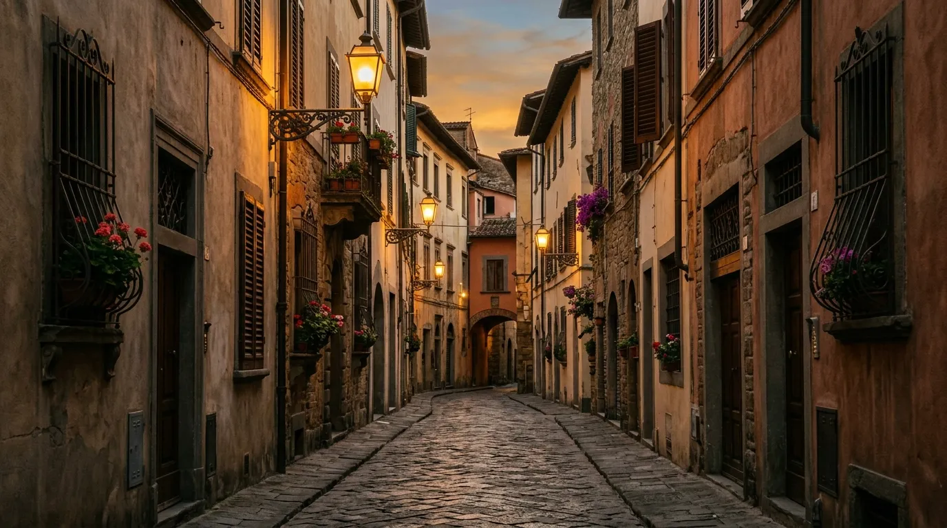 Calle empedrada del centro histórico de Lucca al atardecer con faroles encendidos, sin gente