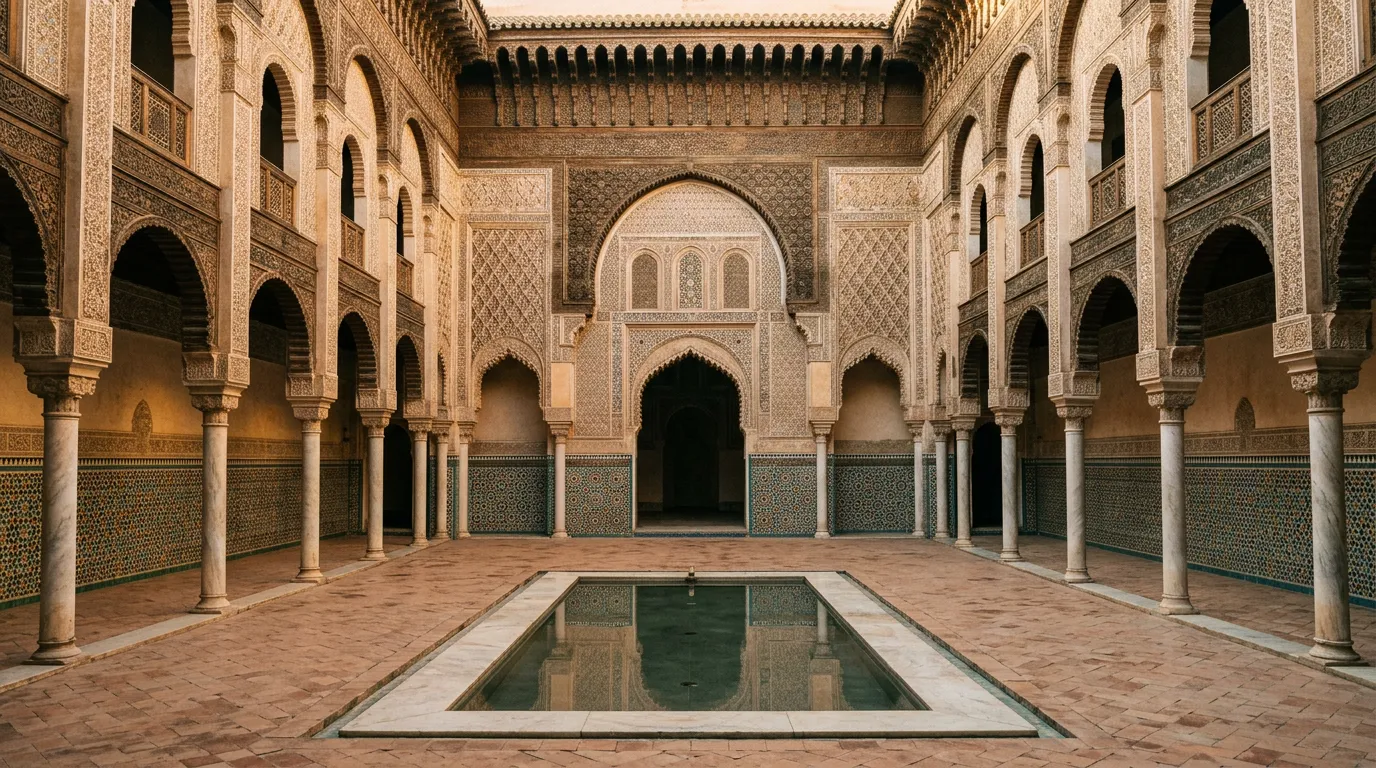 Patio de la madrasa Ben Youssef de Marrakech con mosaicos y arcos tallados