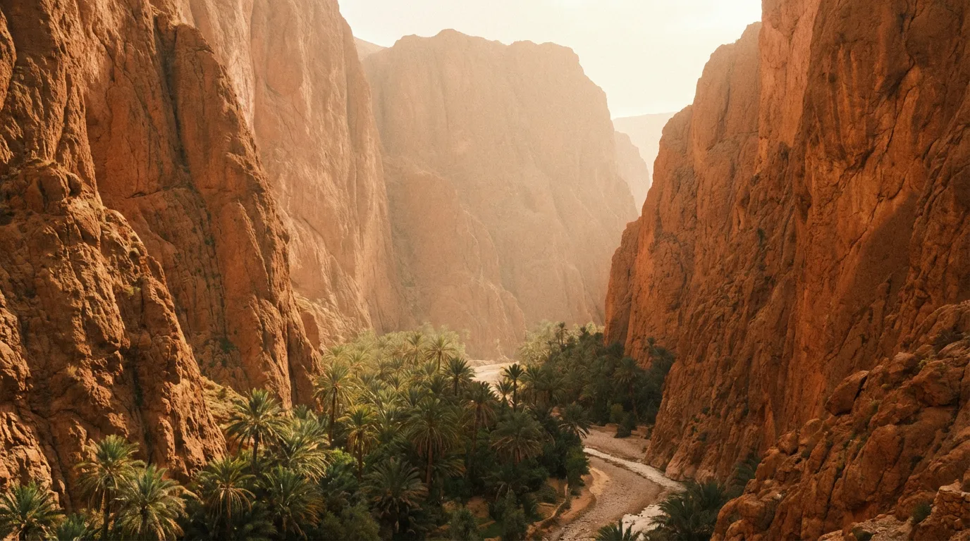 Paredes verticales de la garganta del Todra con un oasis de palmeras en el fondo