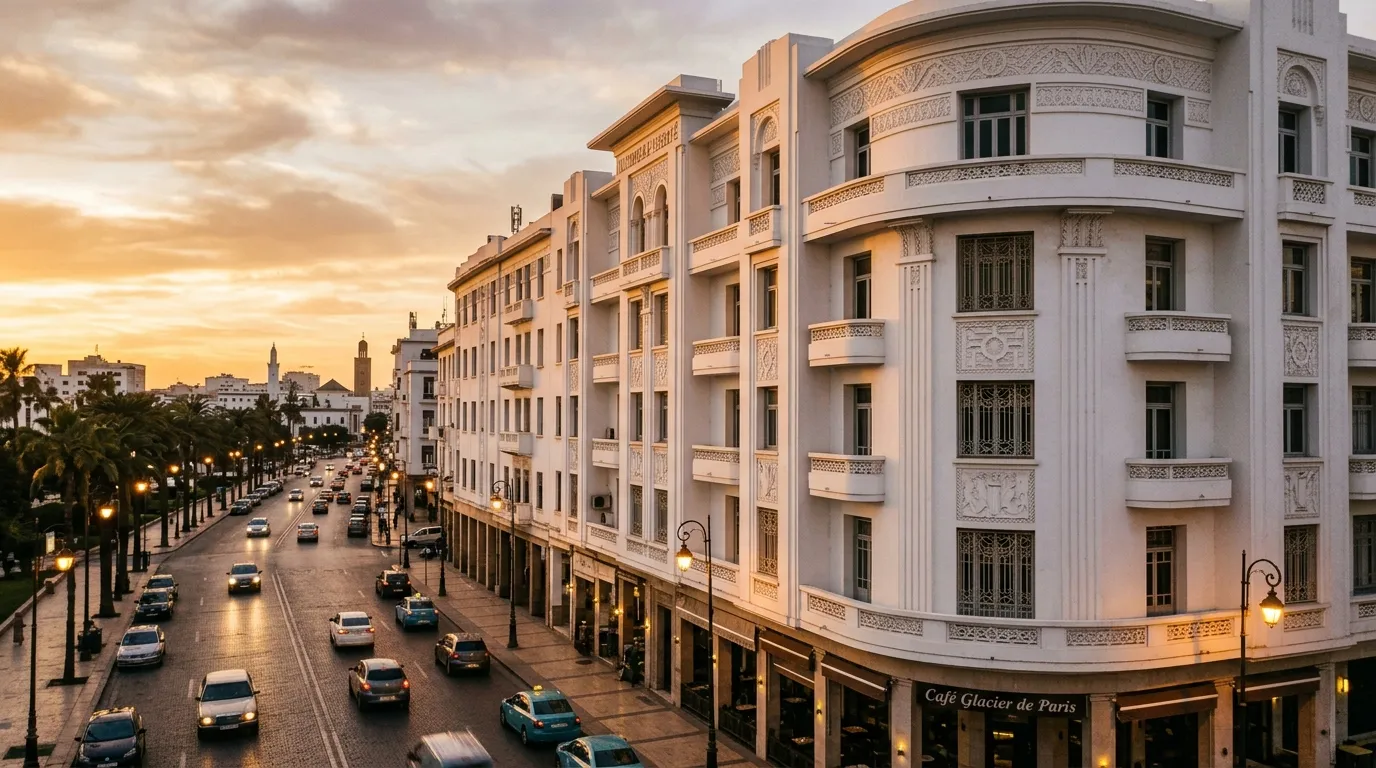 Fachada blanca art déco en el bulevar Mohammed V de Casablanca al atardecer