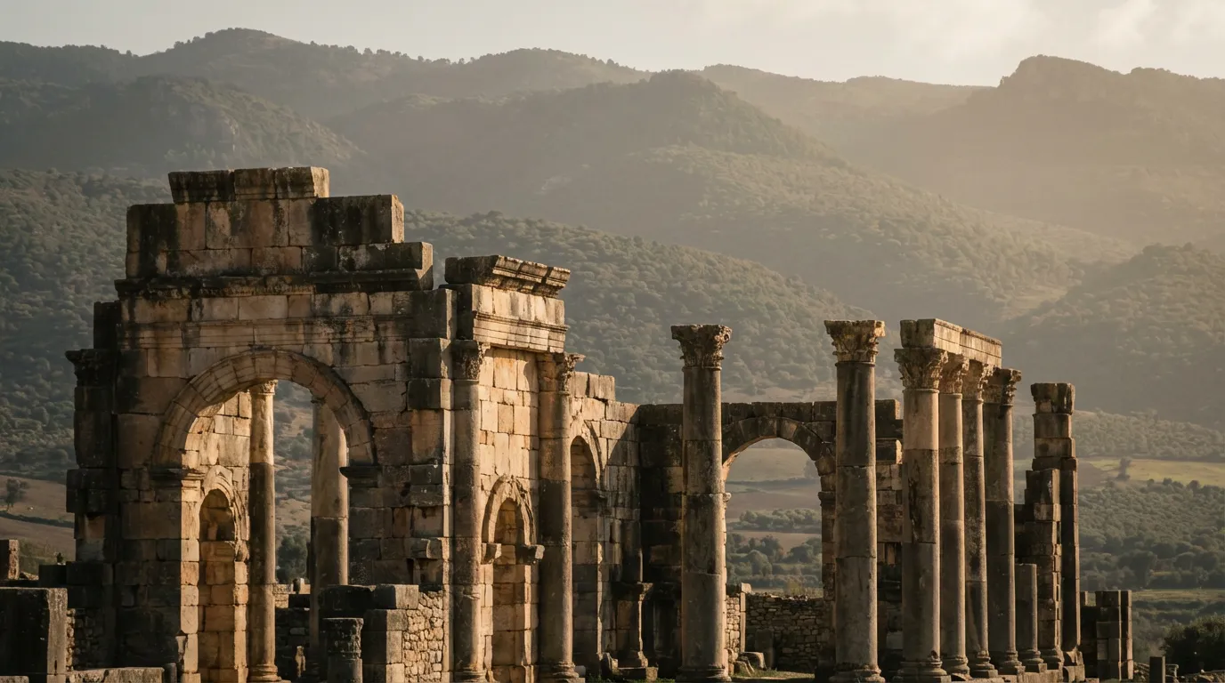 Columnas romanas de Volubilis con el Atlas Medio al fondo