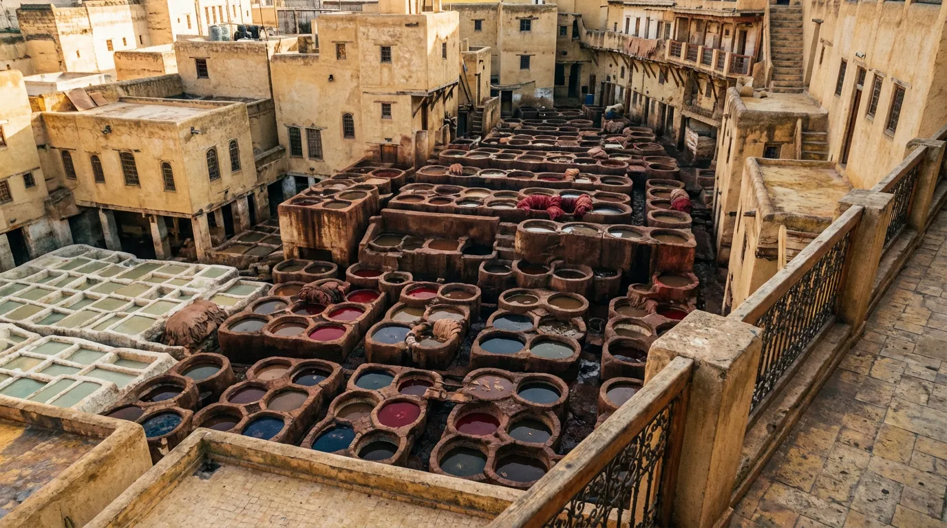 Curtidurías Chouara de Fez vistas desde una terraza superior, tintes de colores en los cubos