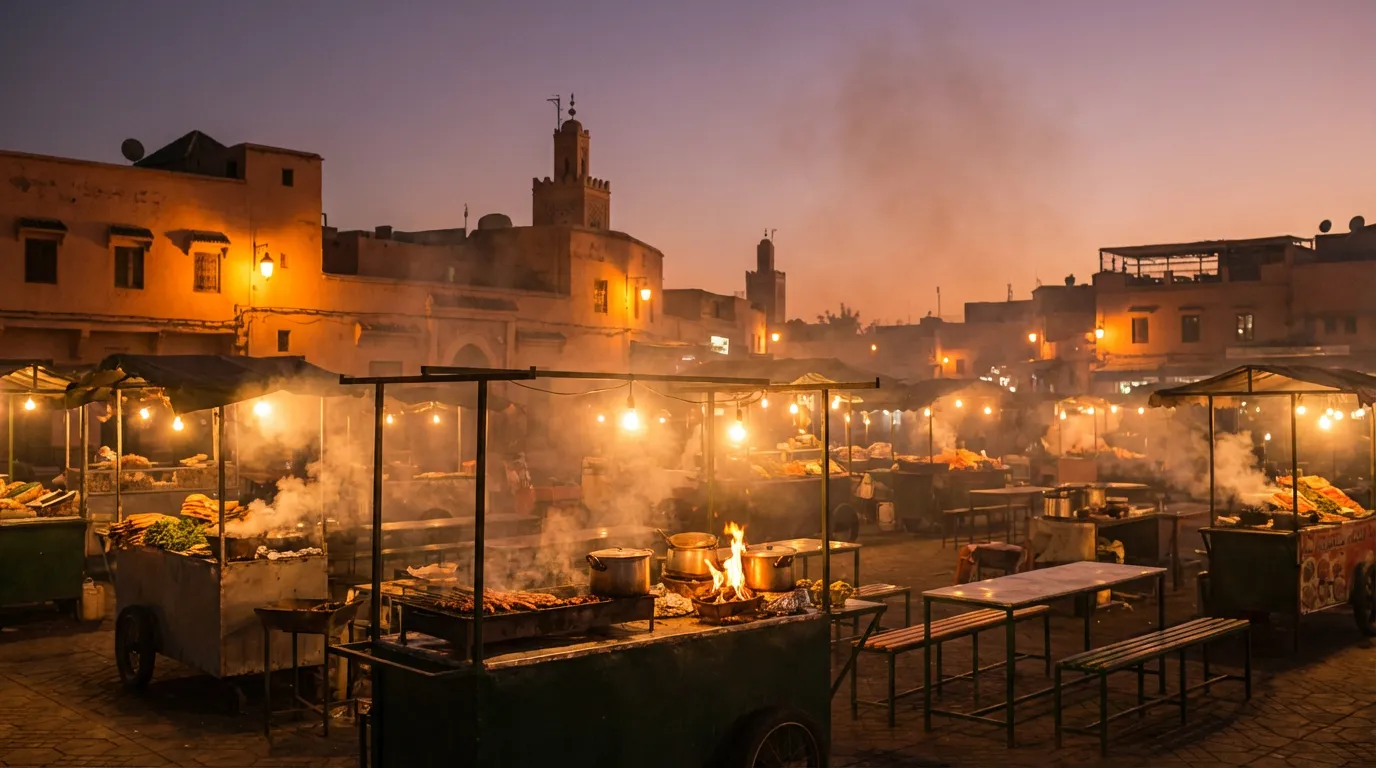 Yamaa el Fna de Marrakech al anochecer con humo de puestos de comida