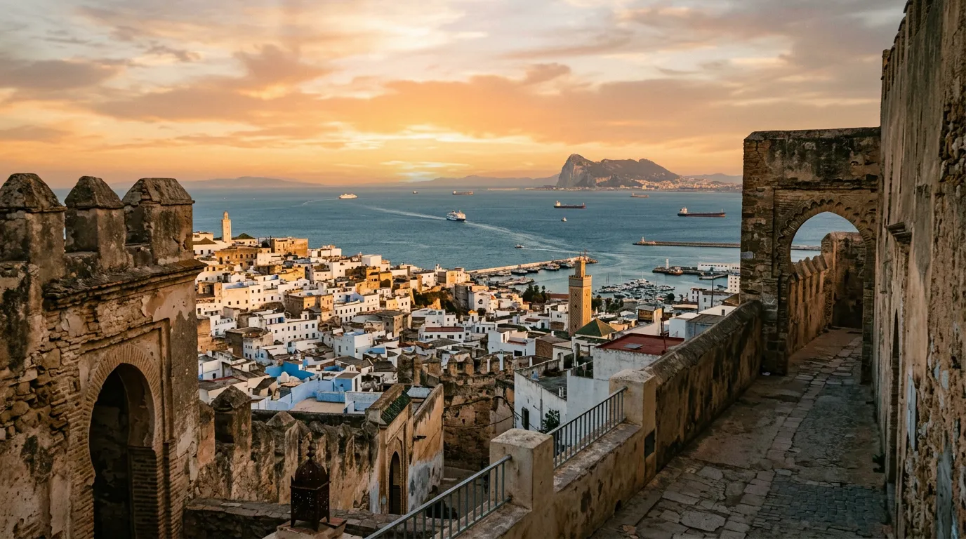 Vista desde la kasbah de Tánger al estrecho de Gibraltar al atardecer