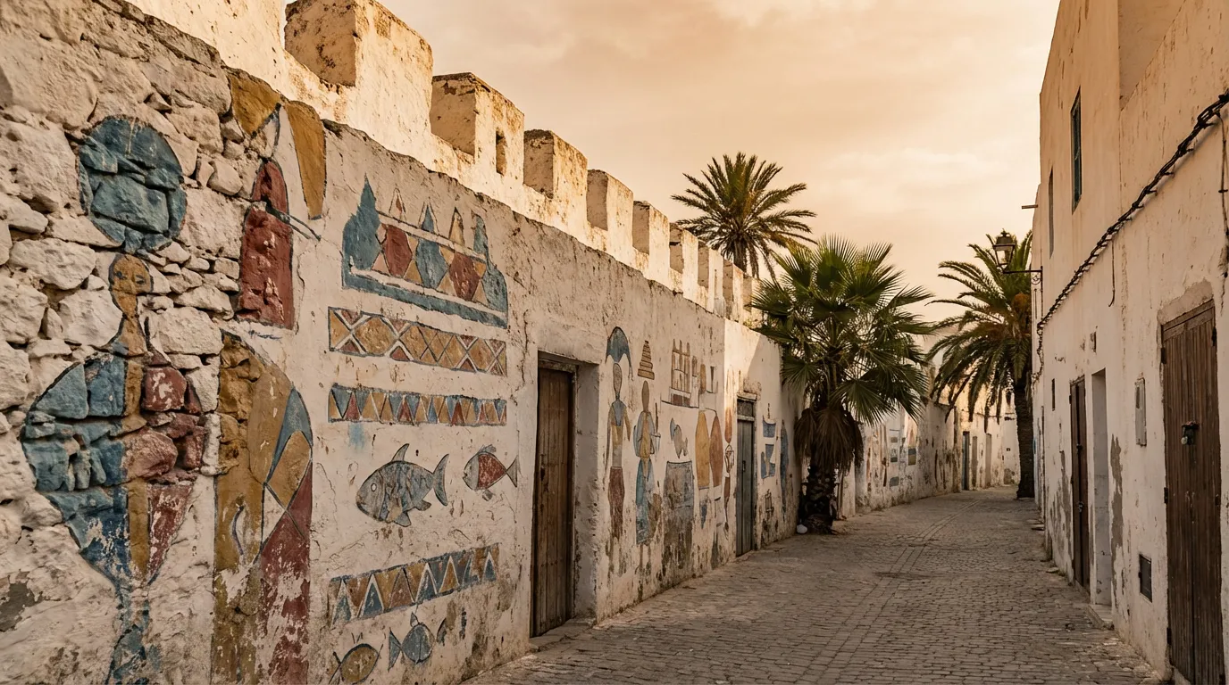 Muralla blanca de Asilah con murales de colores pintados directamente en la piedra