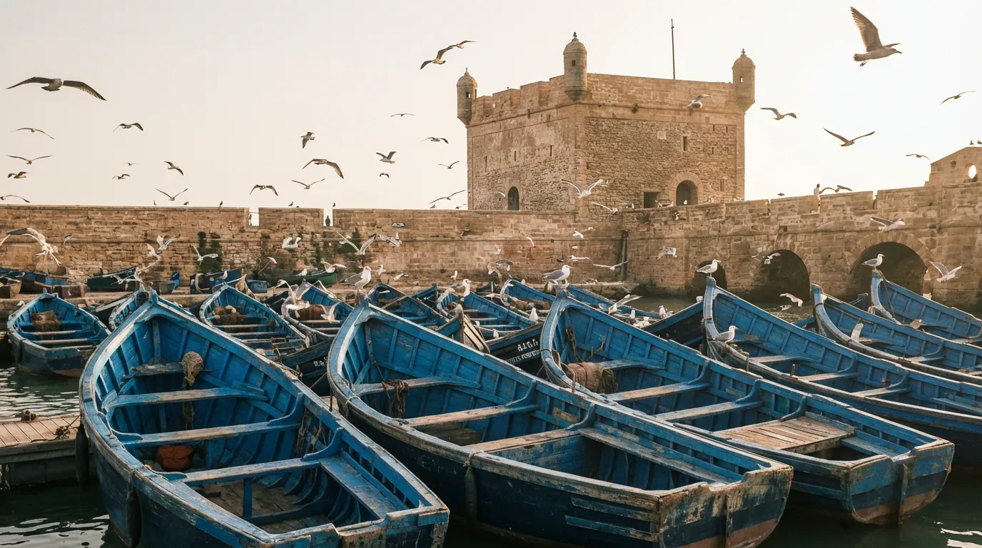 Barcos azules de pesca en el puerto de Essaouira con gaviotas y murallas portuguesas al fondo