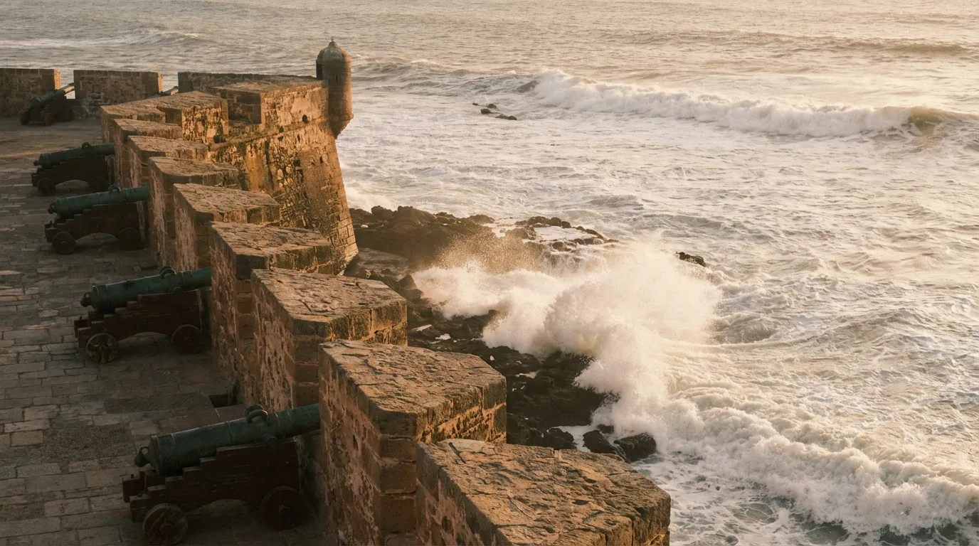 Muralla de Essaouira con cañones portugueses y olas del Atlántico rompiendo debajo