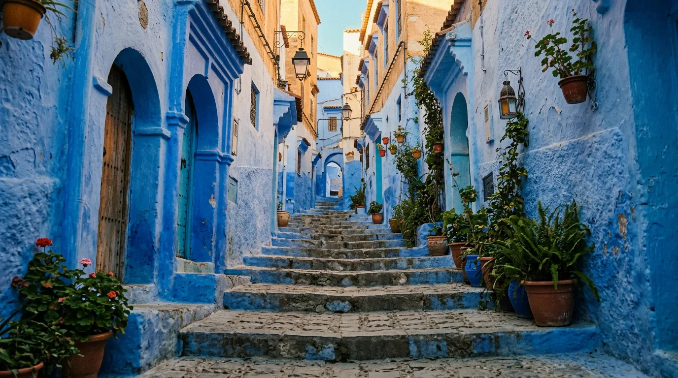Calle azul índigo de la medina de Chefchaouen con escaleras empedradas