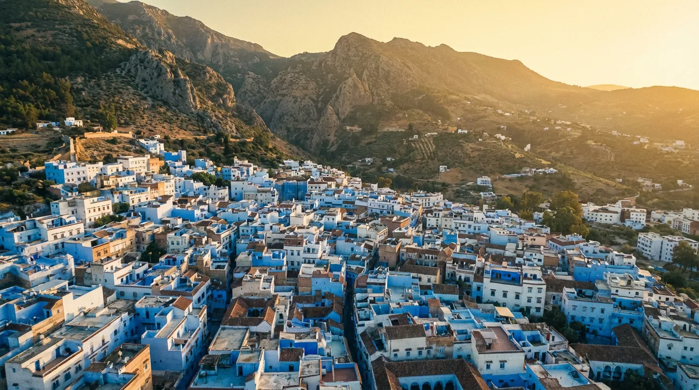 Vista aérea de los tejados azules de Chefchaouen con las montañas del Rif al fondo
