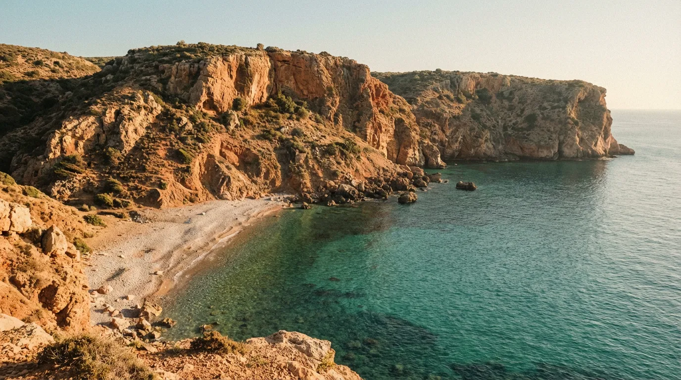 Cala con aguas turquesas y acantilados rojizos en la costa del Rif entre Tetuán y Al Hoceima