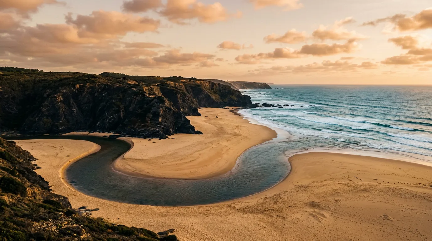 Playa de Odeceixe con el río entrando al Atlántico entre acantilados negros