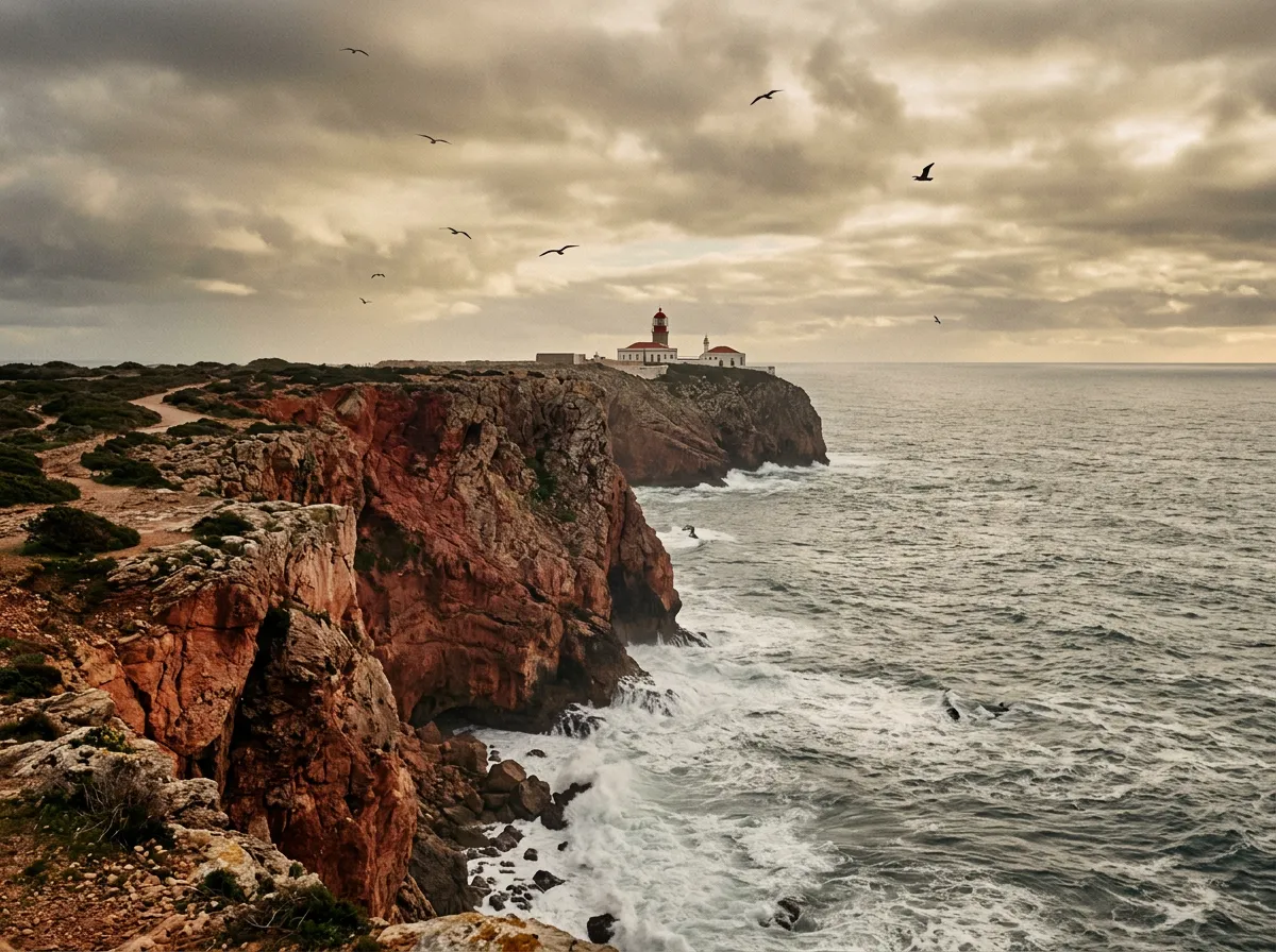 Acantilados rojos del Cabo de São Vicente con el faro al fondo