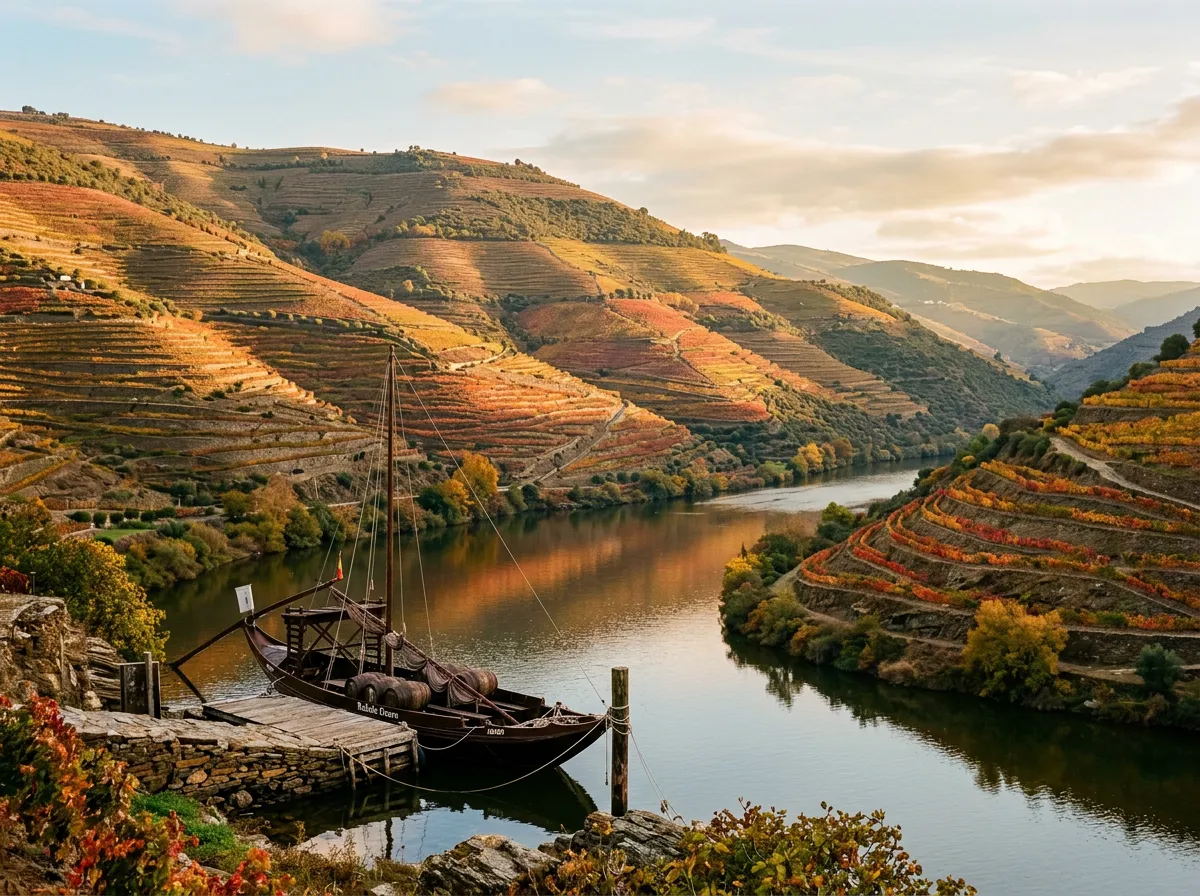Terrazas de pizarra del Douro con viñedos bajando al río y una barca rabelo al fondo