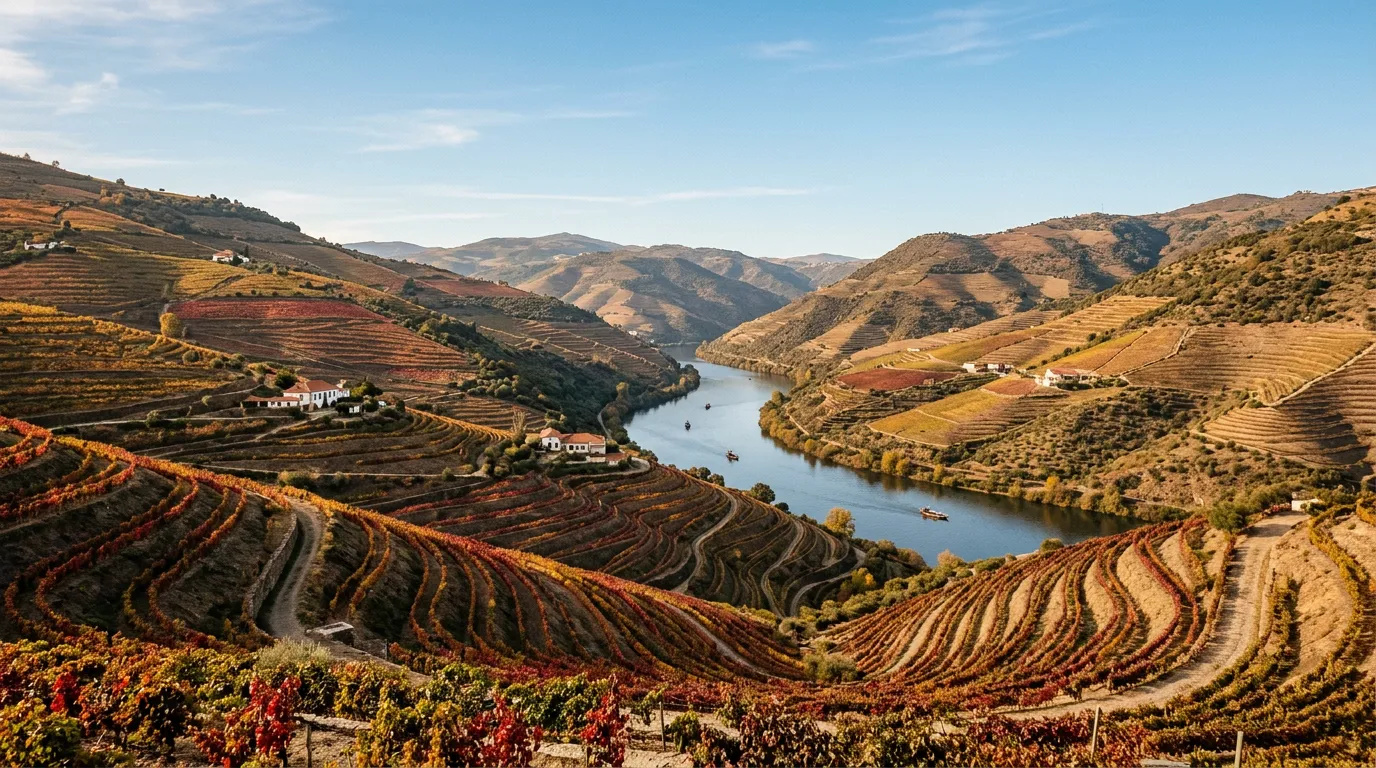 Viñedos del Alto Douro en otoño con hojas rojas sobre terrazas de pizarra
